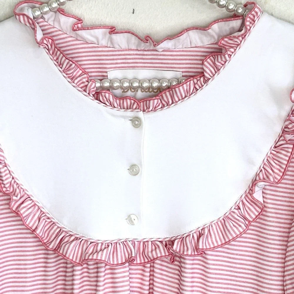 Dondolo‎ Rosina Pima Cotton Nightgown XXL Cottage Striped Pink Ruffle Midi NEW